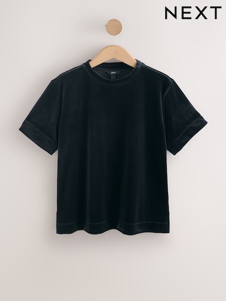 Black Short Sleeve Velvet Crew Neck T-Shirt (H20648) | £26