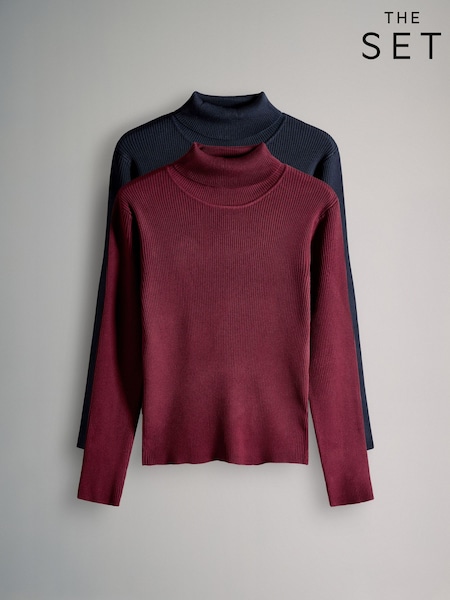 The Set Burgundy Red/Navy Blue 2 Pack Ribbed Knit Roll Neck Jumpers (H20681) | £28