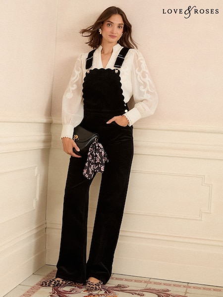 Love & Roses Black Corduroy Scallop Edge Dungarees (H20718) | £69