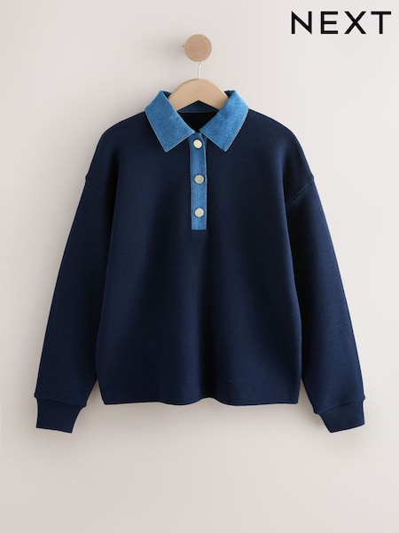Navy Denim Detailed Collar Compact Cosy Crew Neck Jumper With Ribbed Detail (H20767) | £38