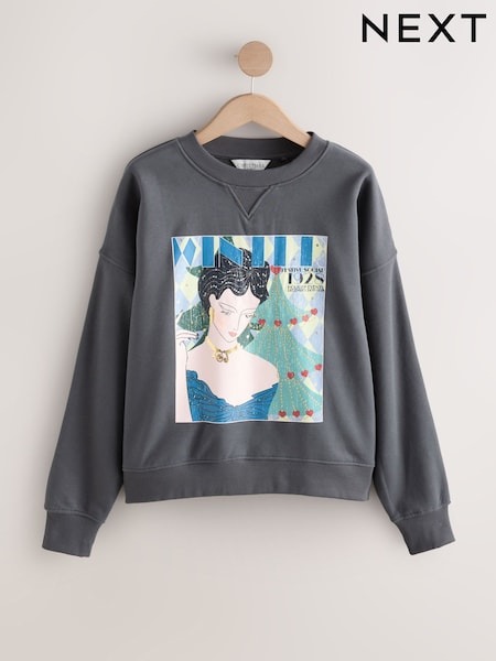 Charcoal Grey Cotton Rich Christmas Seasonal Graphic Vintage Magazine Longsleeve Crewneck Sweatshirt (H20793) | £30