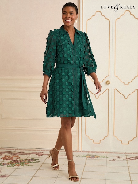 Love & Roses Green 3D Spot Mini Shirt Dress (H20818) | £62