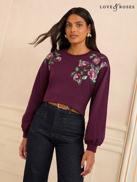 Love & Roses Burgundy Petite Crew Neck Jersey Sequin Sweatshirt (H20832) | £44