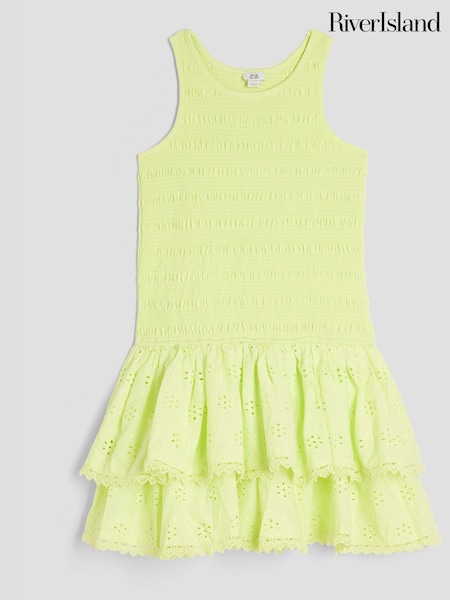 River Island Green Girls Shirred Broderie Rara 100% Cotton Dress (H20916) | £21