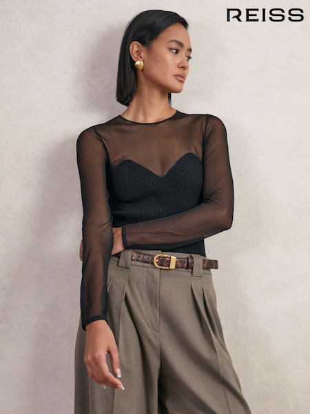 Reiss Black Margot Mesh Knit Sweetheart Long-Sleeve Top (H20936) | £120