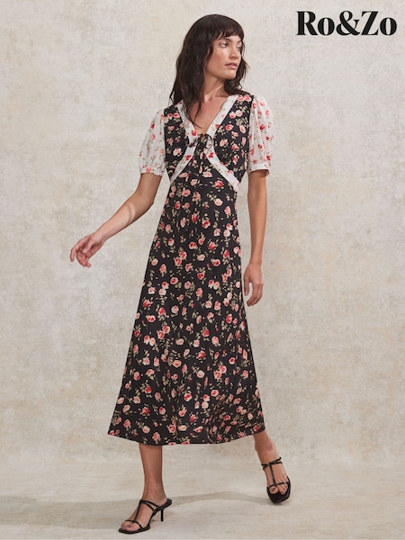 Ro&Zo Black Petite Mix And Match Rose Ditsy Dress (H20990) | £119