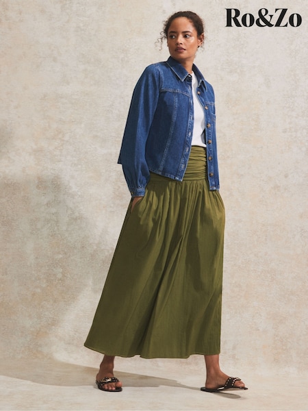 Ro&Zo Green 100% Cotton Ruched Waist Maxi Skirt (H21000) | £89