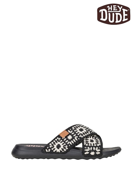 HEYDUDE Christi Slide Cottage Crochet Black Mules (H21070) | £50