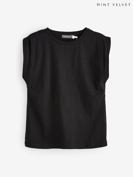 Mint Velvet Black Cotton Extended Shoulder T-Shirt (H21107) | £35