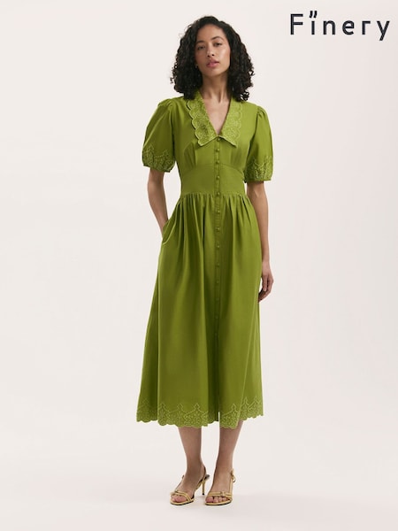 Finery Green Arianna Embroidered Cotton Midi Dress (H21118) | £69