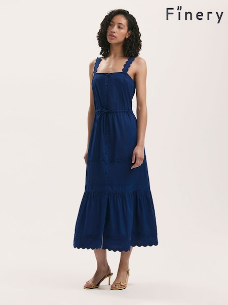 Finery Blue Hallie Cotton Ric Rac Detail Tiered Midi Dress (H21138) | £55