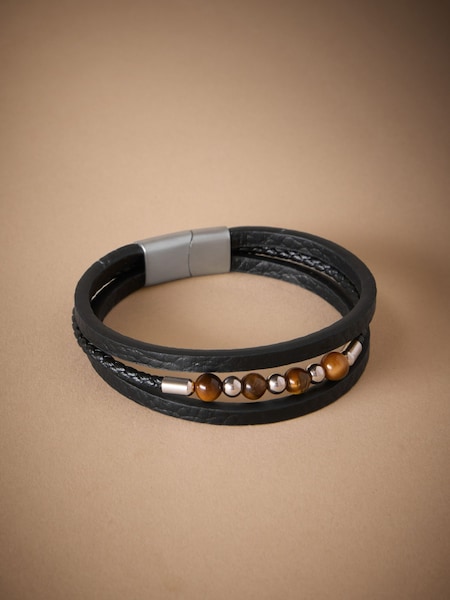 DCK Mens Genuine Leather And Tigers Eye Multirow Black Bracelet (H21160) | £35