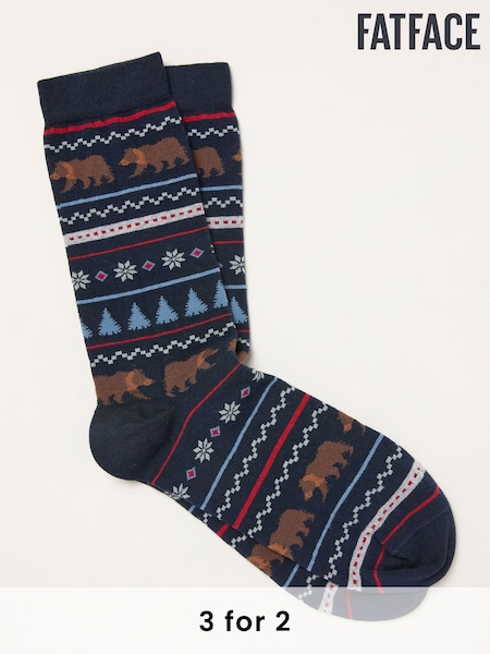 FatFace Navy Fairisle Bear Socks (H21187) | £7.50