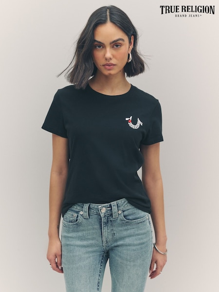 True Religion Jet Black 100% Cotton Embroidered Horseshoe Short Sleeve Crew T-Shirt (H21232) | £45