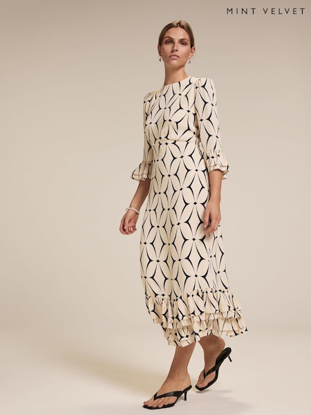 Mint Velvet Cream Geometric Print Ruffle Midi Dress (H21263) | £170