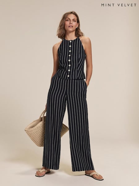 Mint Velvet Blue 100% Linen Striped Wide Trousers (H21266) | £99