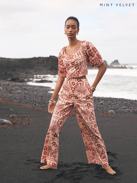 Mint Velvet Red Floral Print Wide 100% Cotton Trousers (H21284) | £110