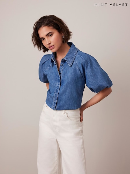 Mint Velvet Blue 100% Cotton Denim Puff Sleeve Shirt (H21292) | £89