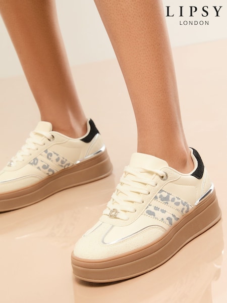 Lipsy White Standard Fit Leopard Print Side Stripe Chunky Gum Sports Trainers (H21518) | £49
