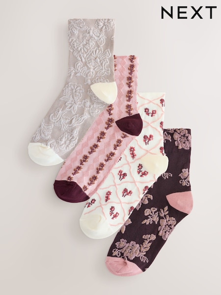 Pink Floral Texture Ankle Socks 4 Pack (H21582) | £14