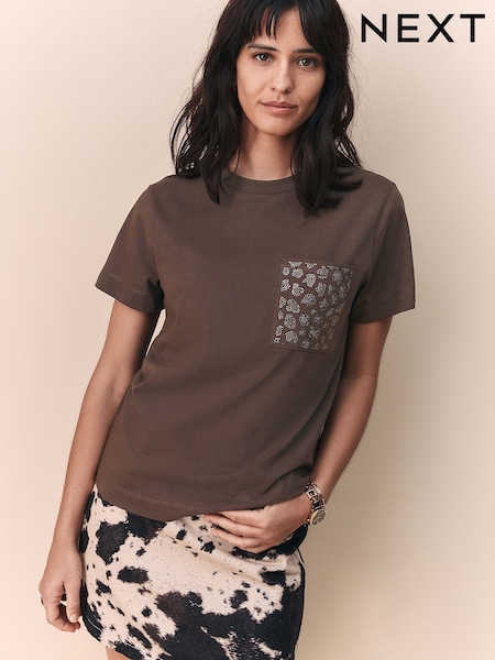 Chocolate Brown Embellished Pocket T-Shirt (H21639) | £18