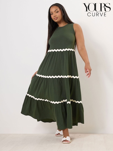 Yours Curve Green Contrast Trim Tierred 100% Cotton Dress (H21648) | £34