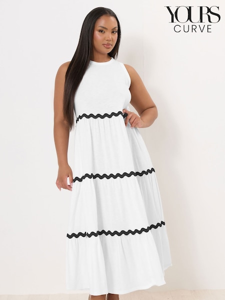 Yours Curve White Contrast Trim Tierred 100% Cotton Dress (H21651) | £34