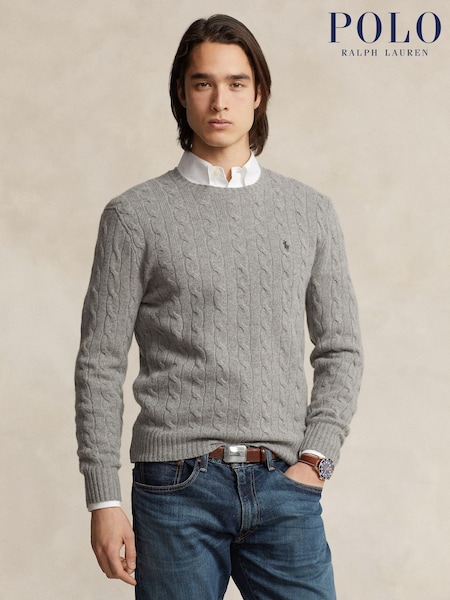 Polo Ralph Lauren Grey Wool Cashmere Cable Knit Crew Neck Jumper (H21700) | £215