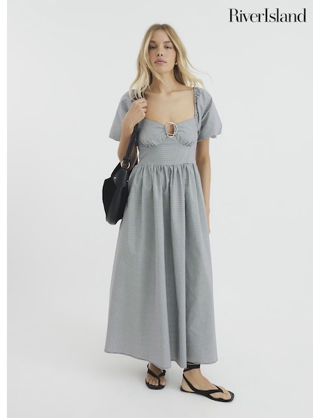 River Island Black Gingham Poplin Trim Midi Dress (H21799) | £48