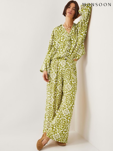 Monsoon Green Trinny Hand Screen Print Wide Leg Trousers (H21808) | £59
