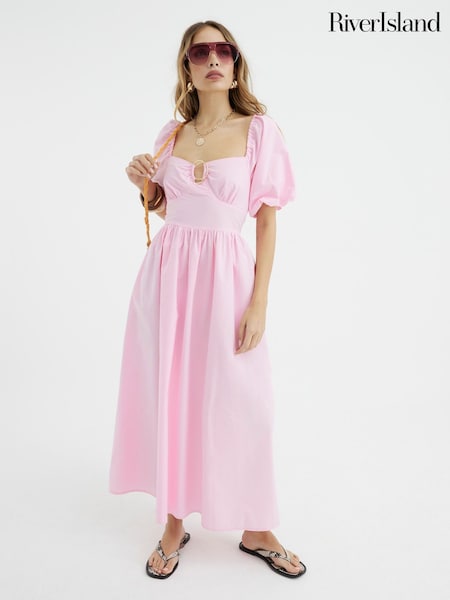 River Island Pink Poplin Trim Detail 100% Cotton Midi Dress (H21813) | £48