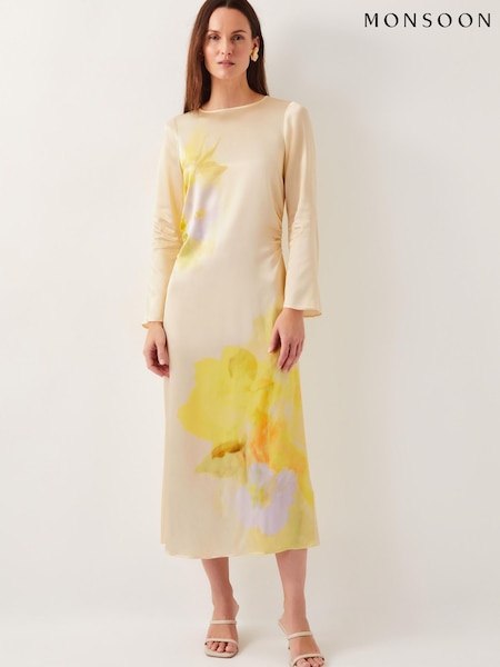 Monsoon Yellow Camile Floral Satin Midi Dress (H21816) | £140