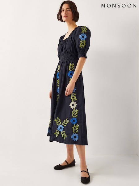 Monsoon Black Shona Embroidered Puff-Sleeve 100% Cotton Midi Dress (H21826) | £99