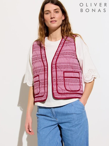Oliver Bonas Red Gingham Embroidered Quilted 100% Cotton Gilet (H21838) | £75