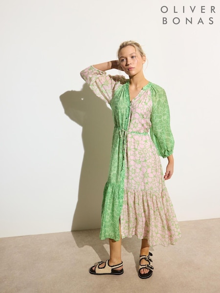 Oliver Bonas Green Floral Print Tiered Midi Dress (H21851) | £85