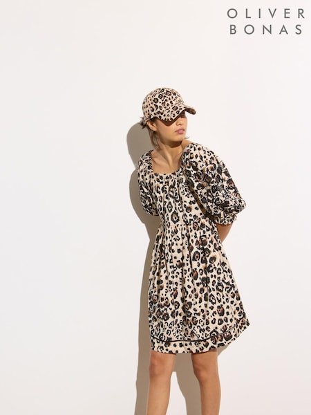 Oliver Bonas Brown Mini Leopard Print Embroidered Puff 100% Cotton Sleeve Dress (H21852) | £75