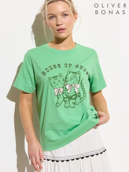 Oliver Bonas Green House of Cats Graphic 100% Cotton T-Shirt (H21858) | £32