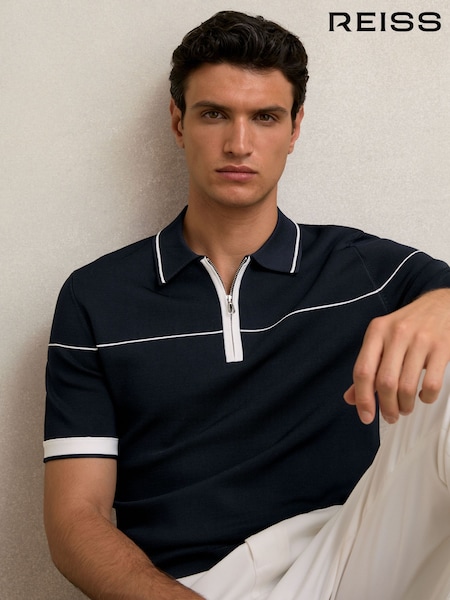 Reiss Navy/White Bradford Half Zip Tipped Polo Shirt (H21892) | £120