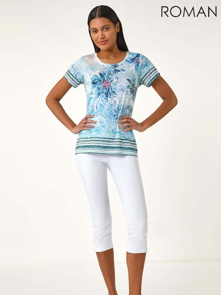 Roman Blue Floral Print Diamante Contrast Stretch T-Shirt (H21959) | £32