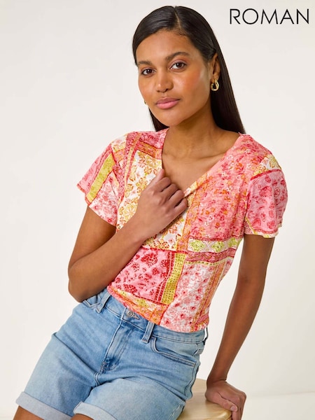 Roman Pink Contrast Print Stretch T-Shirt (H21960) | £32