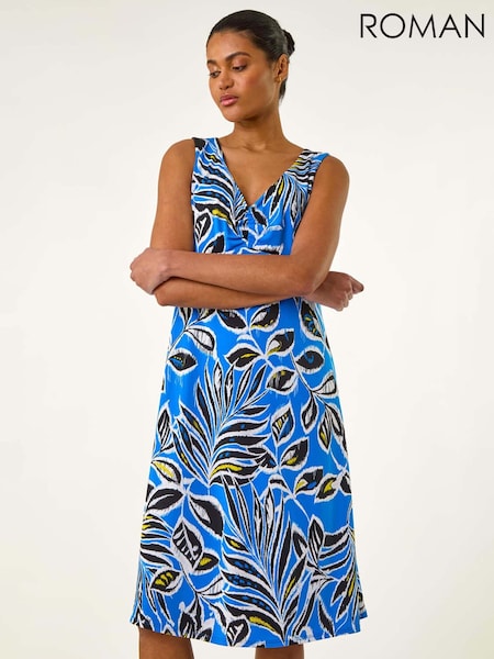 Roman Blue Leaf Print V-Neck Gathered Dress (H21975) | £54