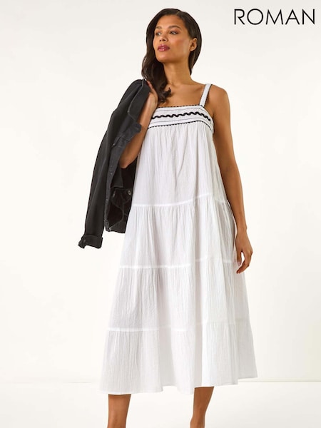 Roman White Ric Rac Trim 100% Cotton Midi Dress (H21979) | £45