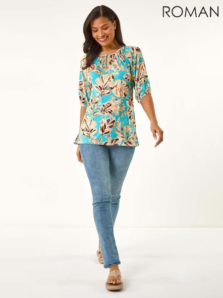 Roman Blue Printed Keyhole Front Stretch Top (H21988) | £36