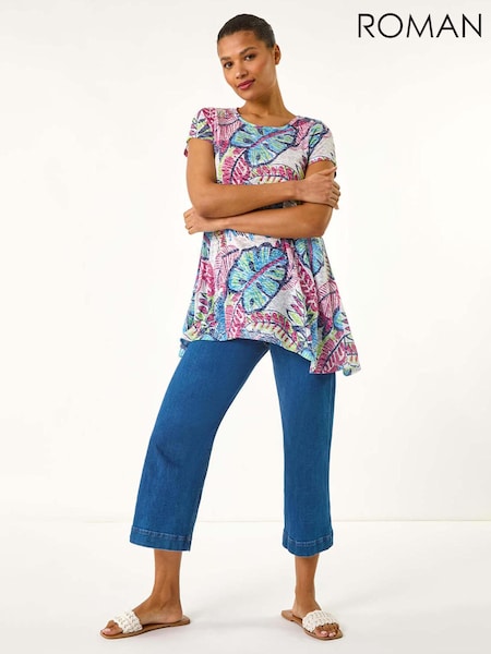 Roman Blue Tropical Leaf Print Burnout T-Shirt (H21993) | £32