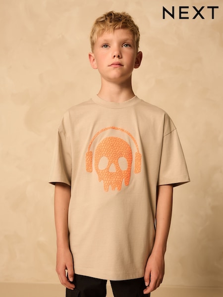 Stone/Orange Skull Relaxed Fit Short Sleeve Graphic Print T-Shirt (3-16yrs) (H22070) | £7 - £10