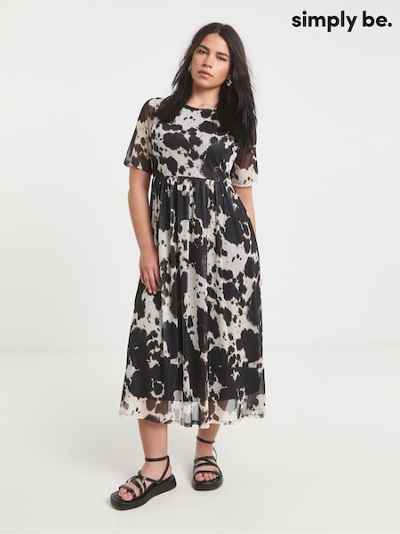 Simply Be Black/white Cow Print Mesh Midi Dress (H22134) | £40