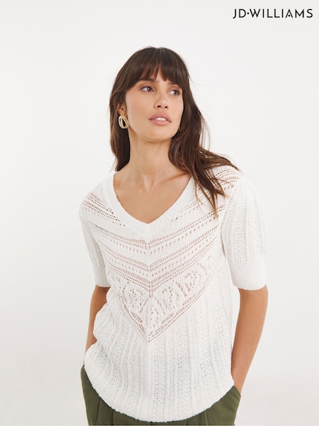 JD Williams White Crochet V-Neck Short Sleeve Jumper (H22174) | £26