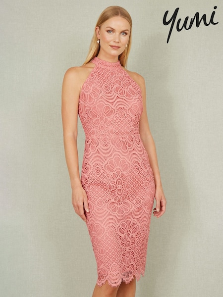 Yumi Pink Lace Halter Neck Dress (H22198) | £75