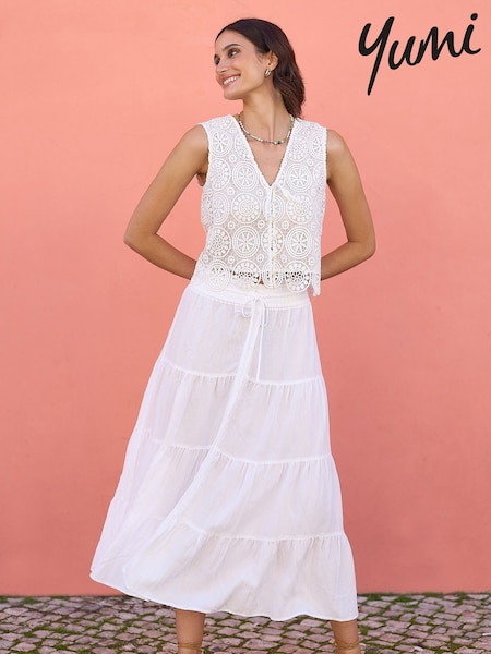 Yumi White Midi Boho Skirt (H22201) | £50