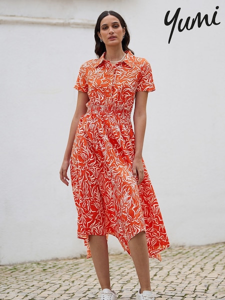 Yumi Orange Leaf Print Dip Hem Midi Shirt Dress (H22202) | £55
